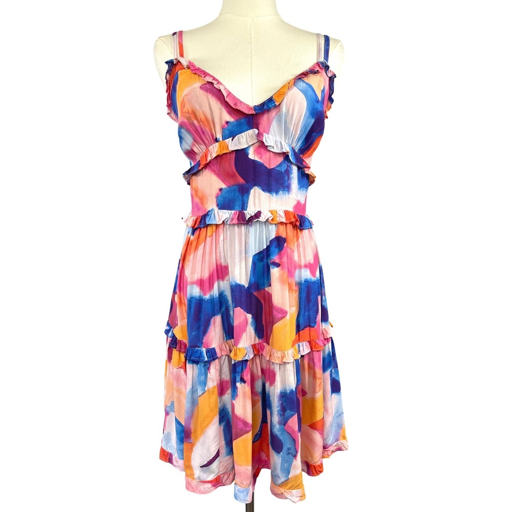 French Connection Womens Ruffle Tiered Mini Dress 2 Artsy Abstract Watercolor